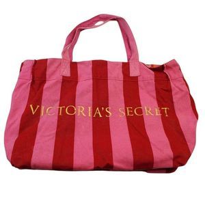 Victoria's Secret Red and Pink Stripe Canvas Tote Bag